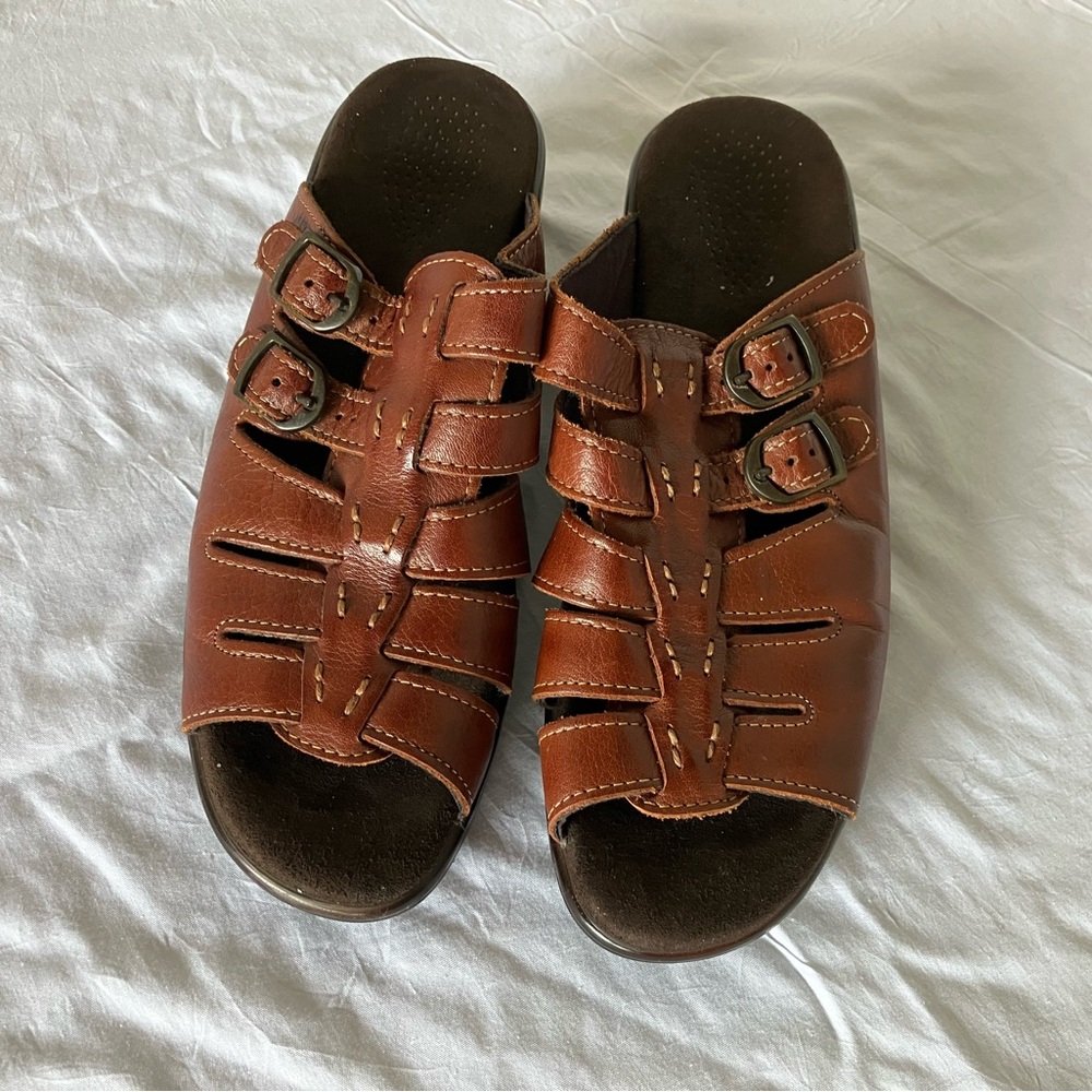 SAS Brown Leather Women's Wedge Sandals-8.5